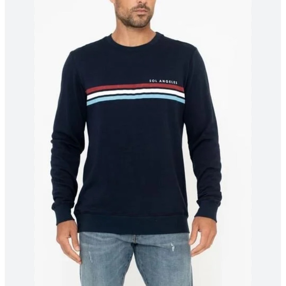 SOL ANGELES Men Crewneck Sweatshirt Size Medium Navy Blue Striped‎ Cotton Modal